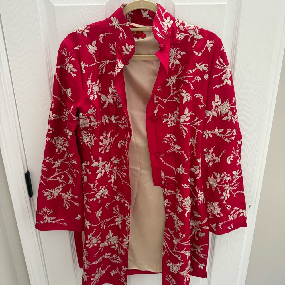 Shanghai Tang Red Silk Coat with White Embroidery